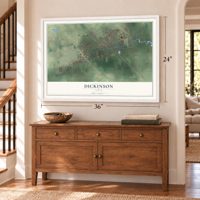 Dickinson, Texas map, 24 x 36 inch print in a white frame above a dresser by a staircase