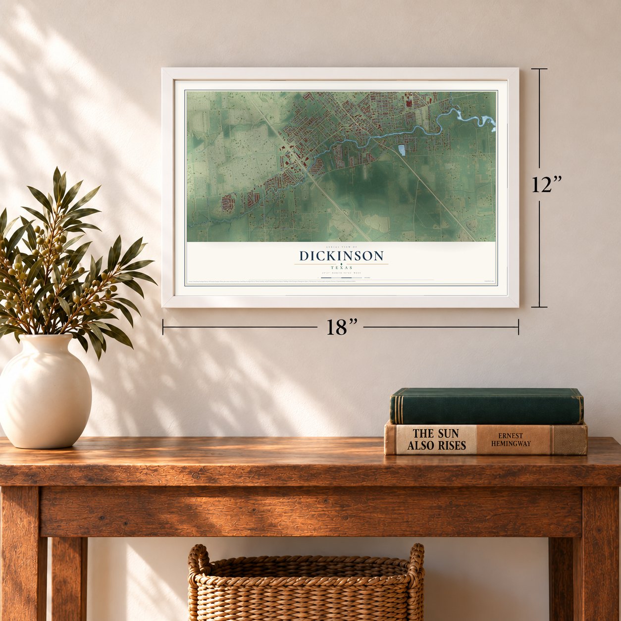 Dickinson, Texas map, 12 x 18 inch print in a white frame in an entryway
