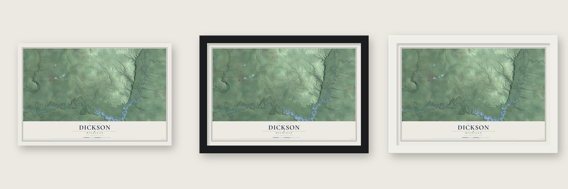 Dickson, Michigan map unframed, in a black wood frame and in a white wood frame