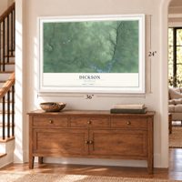 Dickson, Michigan map, 24 x 36 inch print in a white frame above a dresser by a staircase
