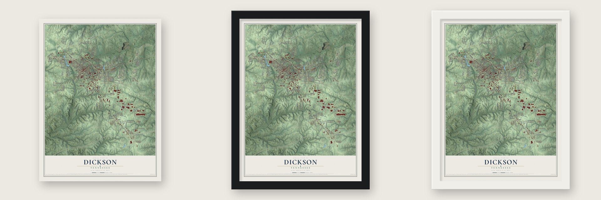 Dickson, Tennessee map unframed, in a black wood frame and in a white wood frame