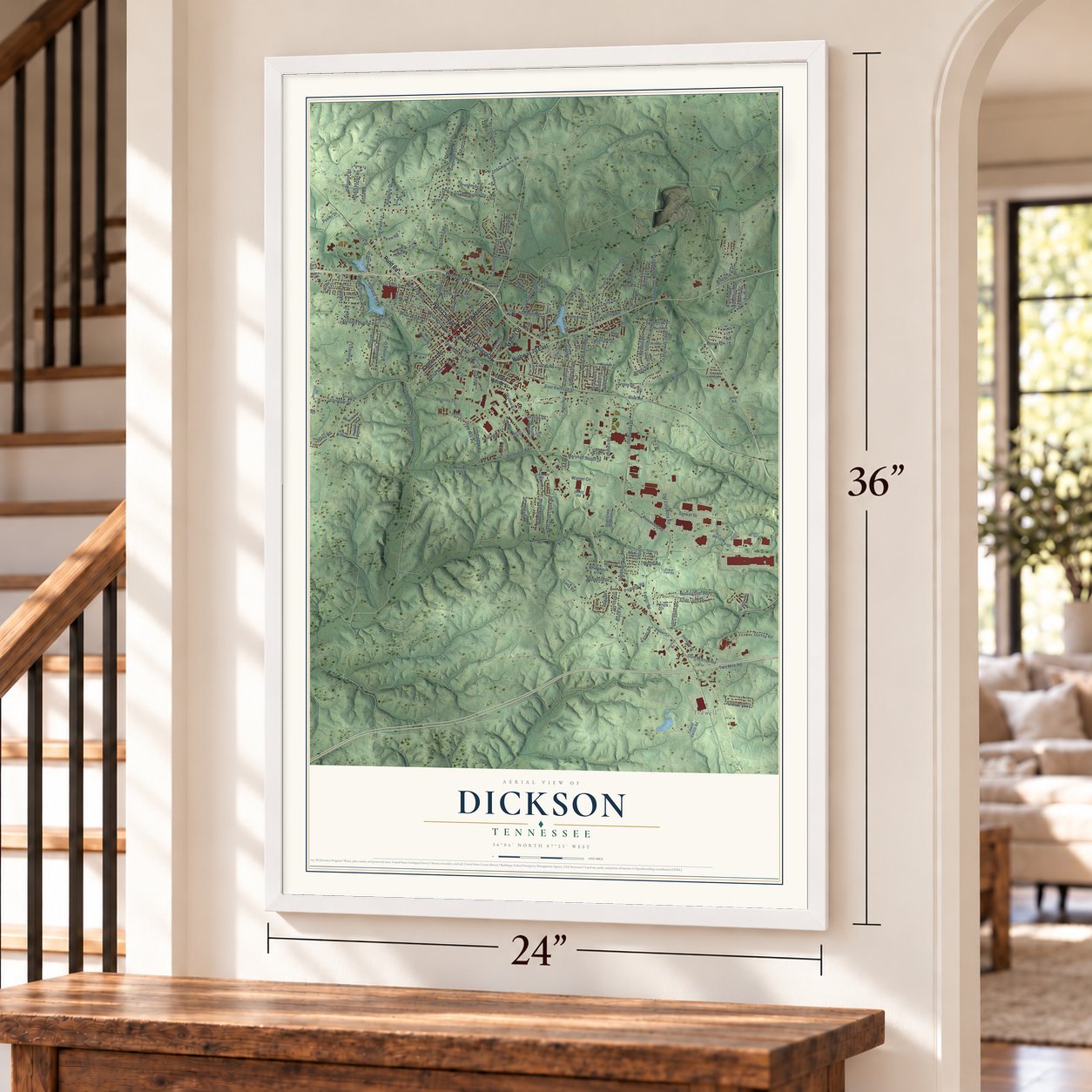 Dickson, Tennessee map, 24 x 36 inch print in a white frame by a staircase