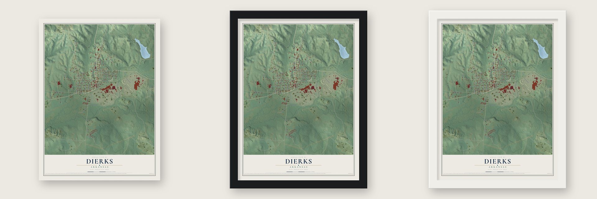 Dierks, Arkansas map unframed, in a black wood frame and in a white wood frame