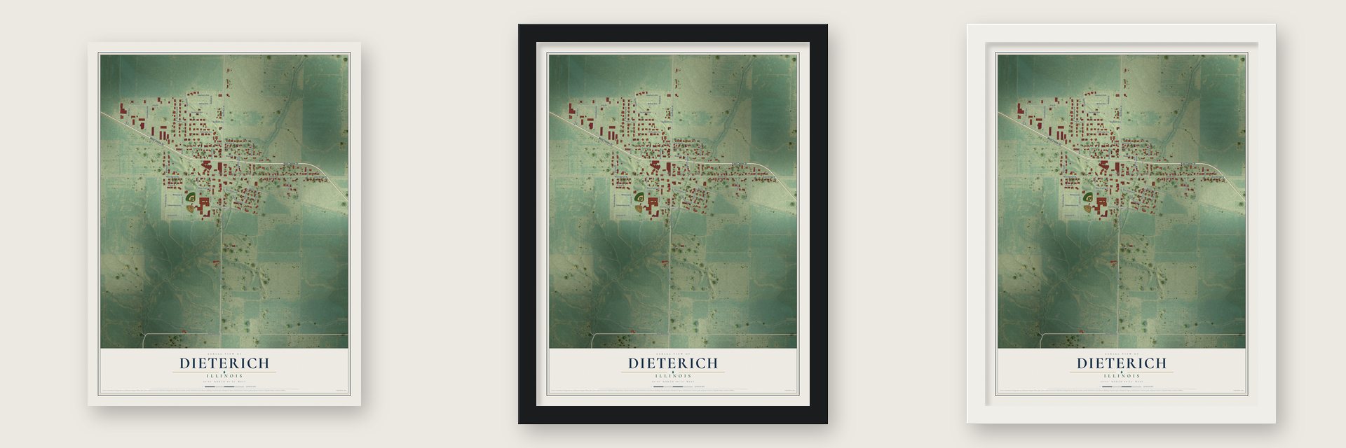 Dieterich, Illinois map unframed, in a black wood frame and in a white wood frame