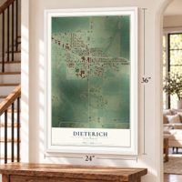 Dieterich, Illinois map, 24 x 36 inch print in a white frame by a staircase