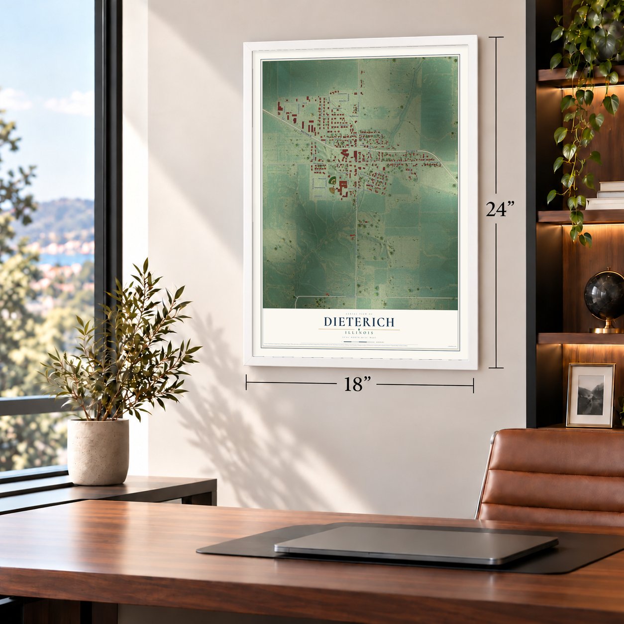 Dieterich, Illinois map, 18 x 24 inch print in a white frame in a home office