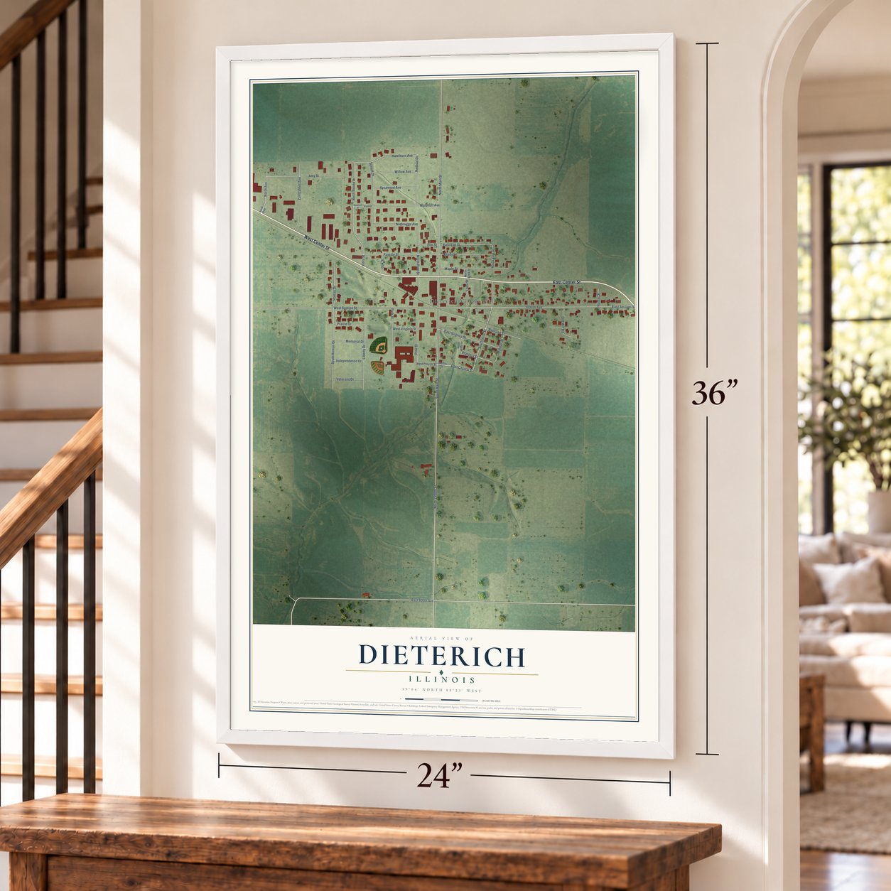 Dieterich, Illinois map, 24 x 36 inch print in a white frame by a staircase