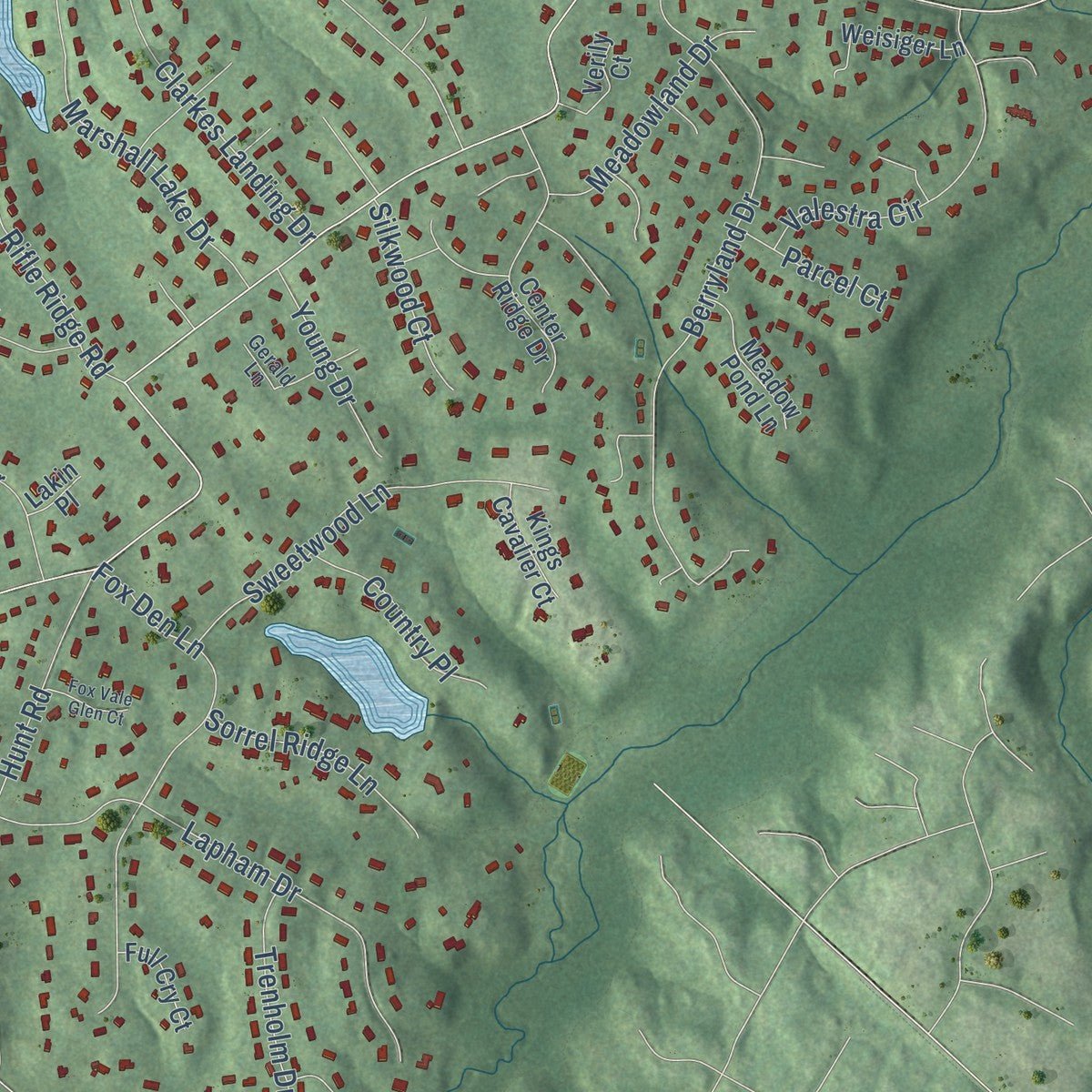 Second close-up of the map of Difficult Run, Virginia print showing more streets and buildings