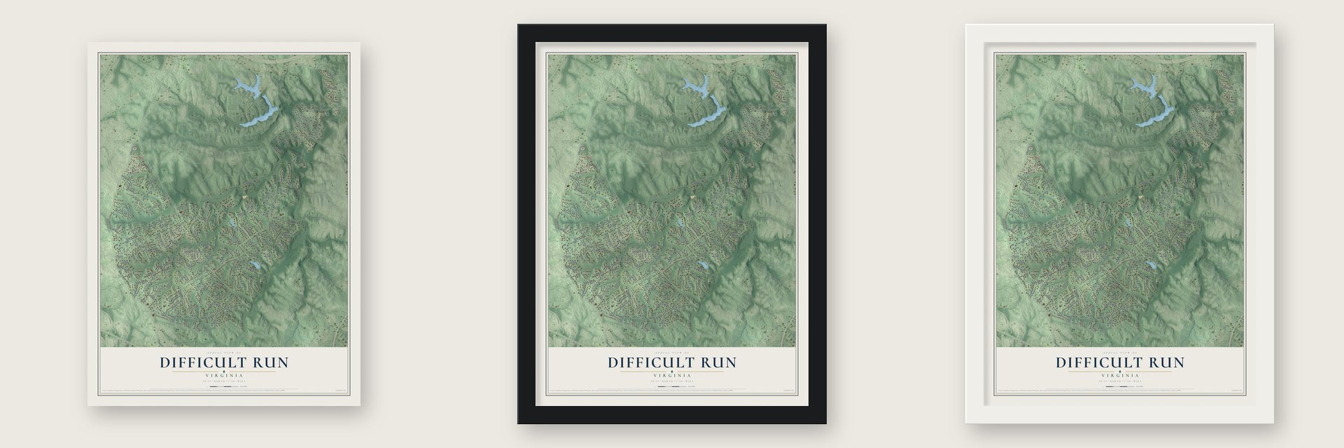 Difficult Run, Virginia map unframed, in a black wood frame and in a white wood frame