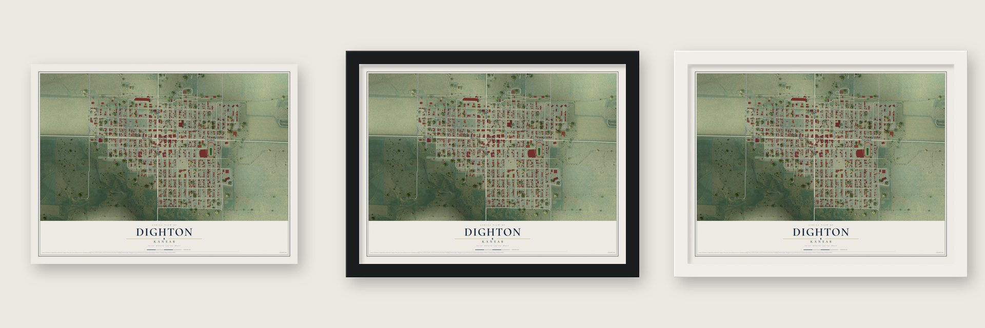 Dighton, Kansas map unframed, in a black wood frame and in a white wood frame