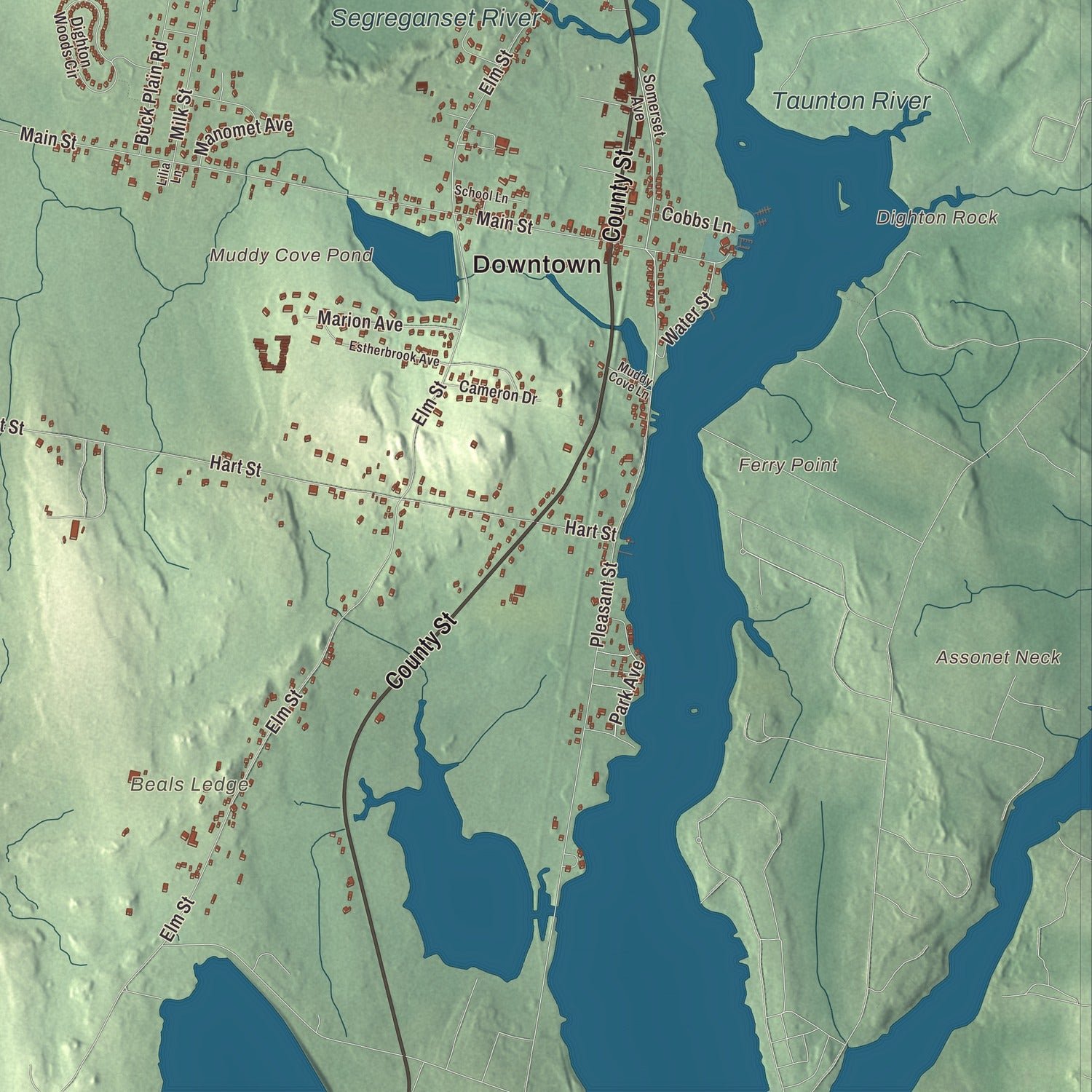Close-up of the map of Dighton, Massachusetts print showing terrain and local geography