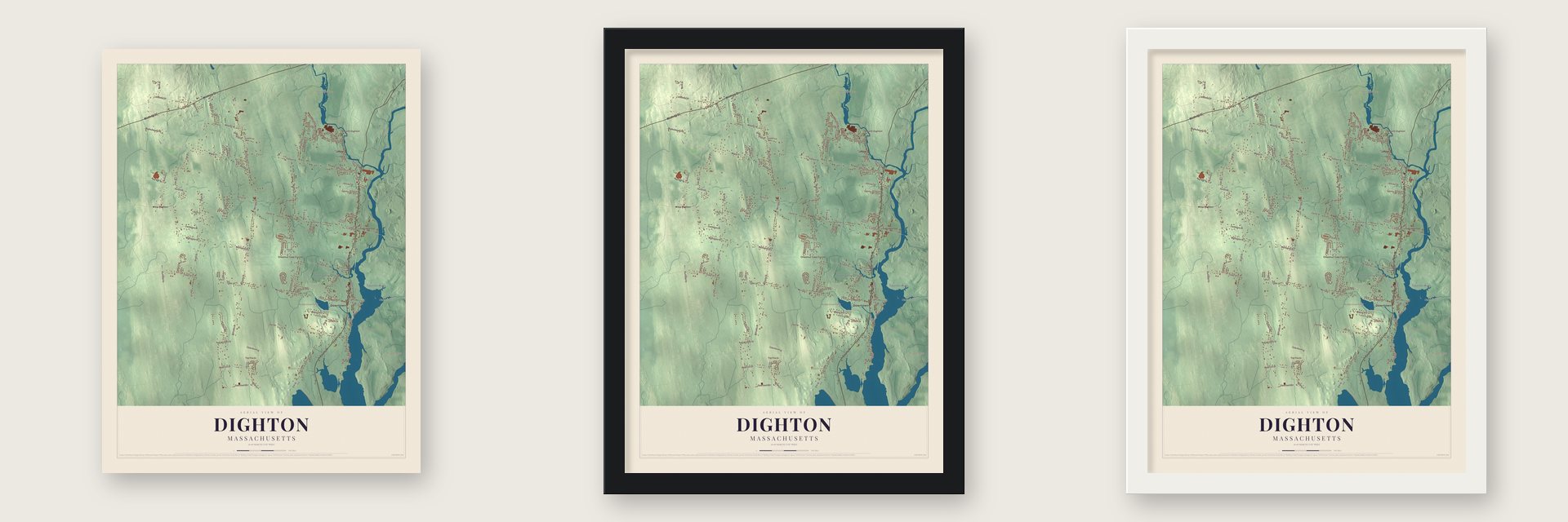 Dighton, Massachusetts map unframed, in a black wood frame and in a white wood frame