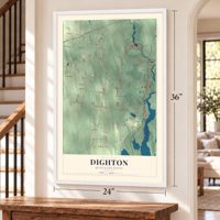 Dighton, Massachusetts map, 24 x 36 inch print in a white frame by a staircase