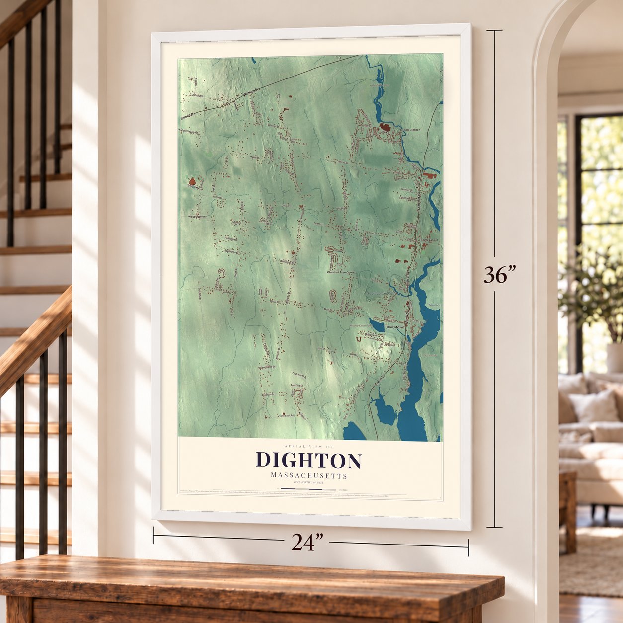 Dighton, Massachusetts map, 24 x 36 inch print in a white frame by a staircase