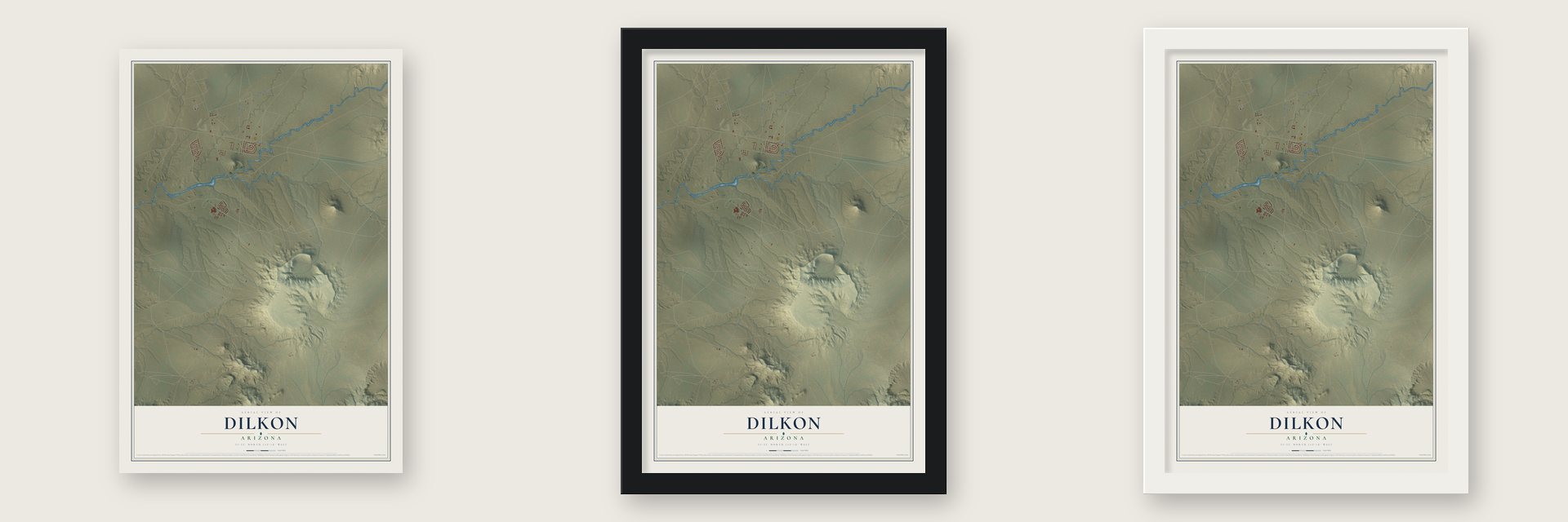Dilkon, Arizona map unframed, in a black wood frame and in a white wood frame