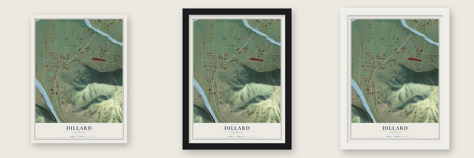Dillard, Oregon map unframed, in a black wood frame and in a white wood frame