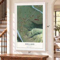 Dillard, Oregon map, 24 x 36 inch print in a white frame by a staircase