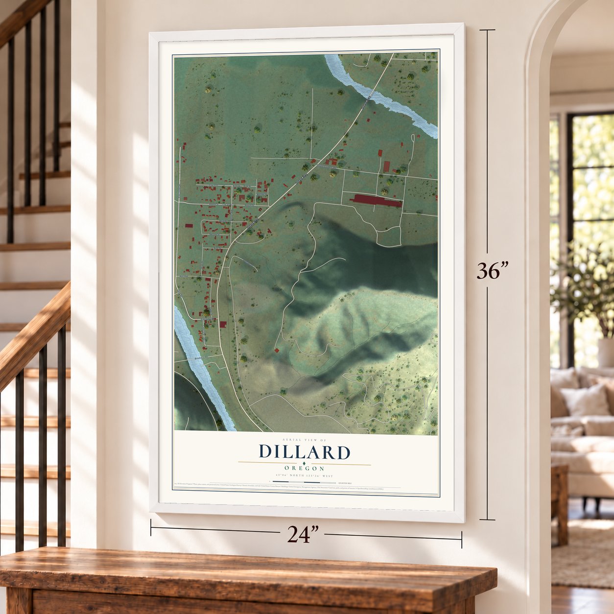 Dillard, Oregon map, 24 x 36 inch print in a white frame by a staircase