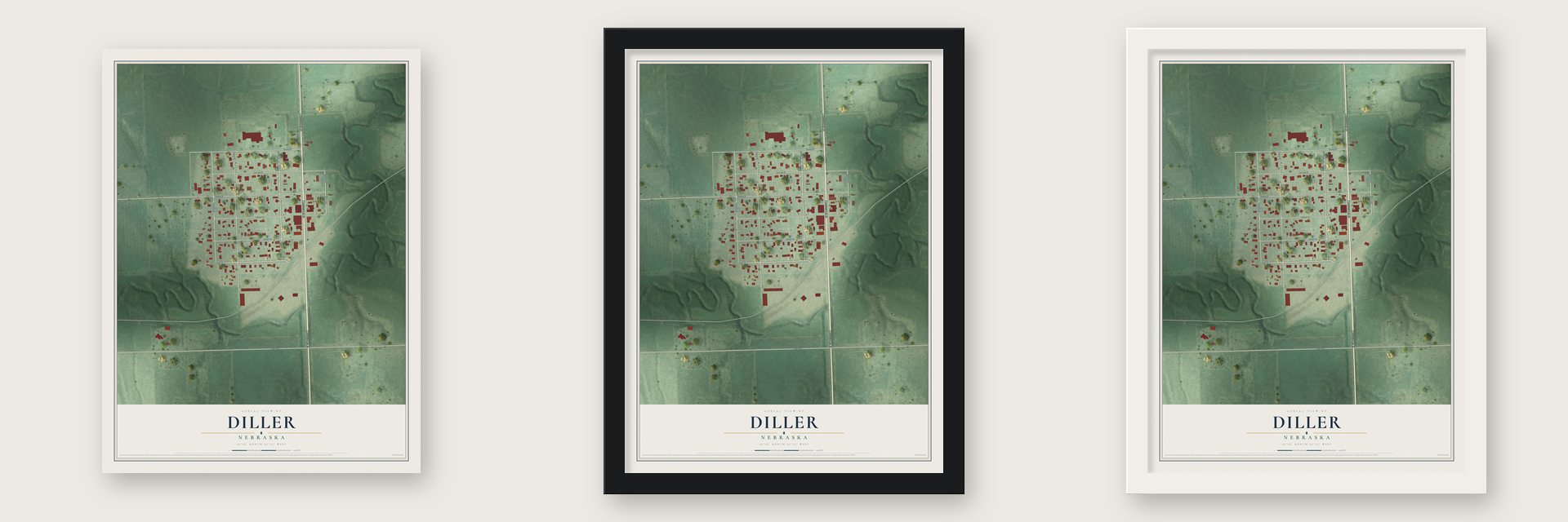Diller, Nebraska map unframed, in a black wood frame and in a white wood frame