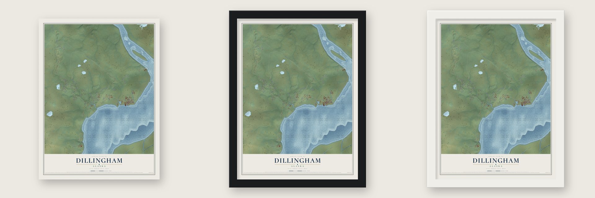 Dillingham, Alaska map unframed, in a black wood frame and in a white wood frame