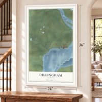 Dillingham, Alaska map, 24 x 36 inch print in a white frame by a staircase