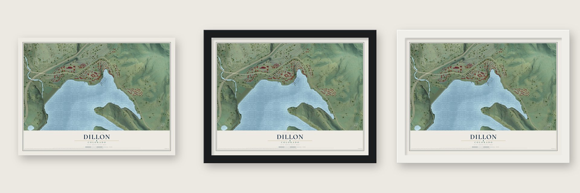 Dillon, Colorado map unframed, in a black wood frame and in a white wood frame