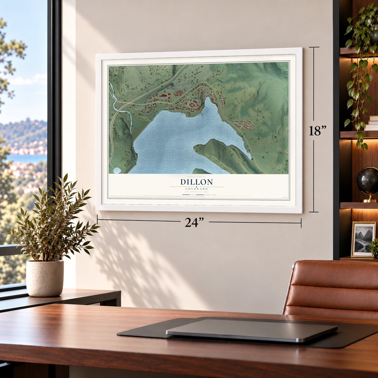 Dillon, Colorado map, 18 x 24 inch print in a white frame in a home office