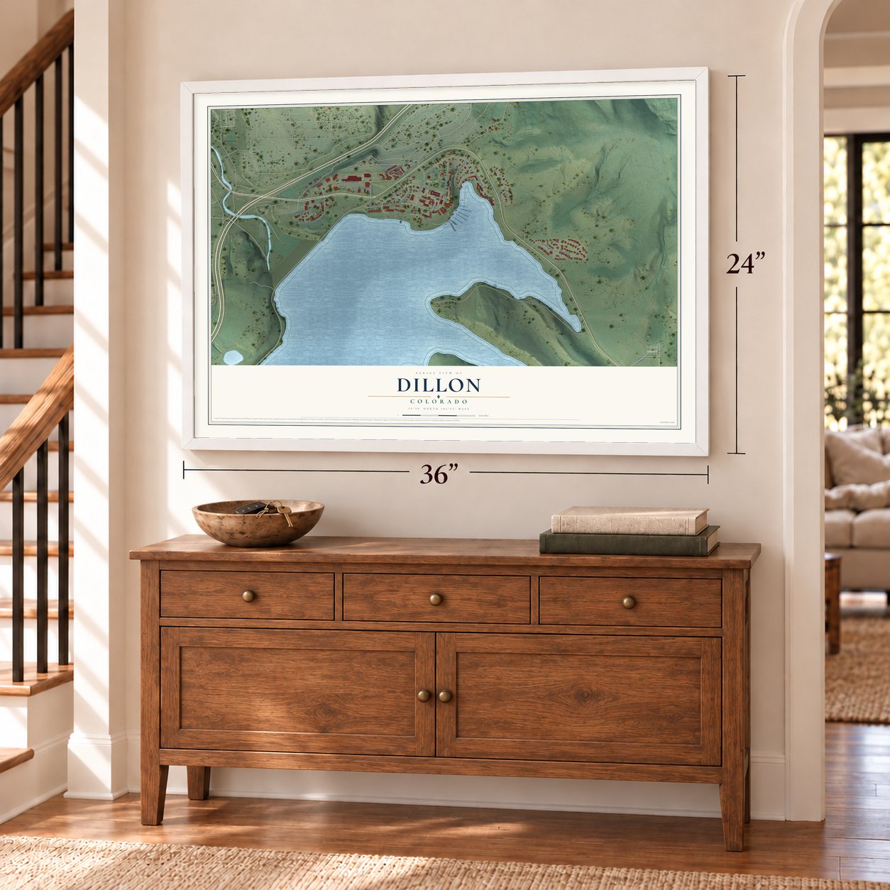 Dillon, Colorado map, 24 x 36 inch print in a white frame above a dresser by a staircase