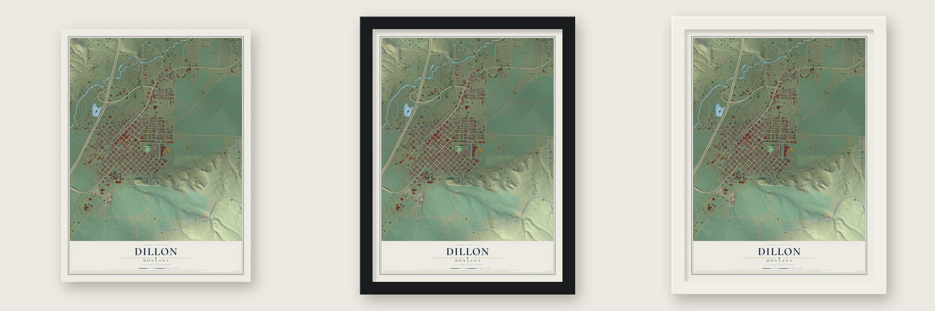 Dillon, Montana map unframed, in a black wood frame and in a white wood frame