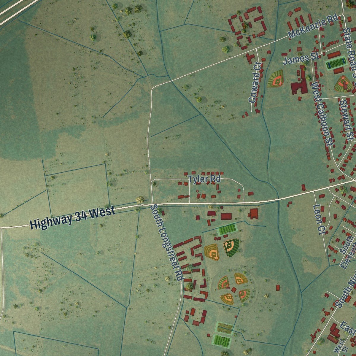 Second close-up of the map of Dillon, South Carolina print showing more streets and buildings