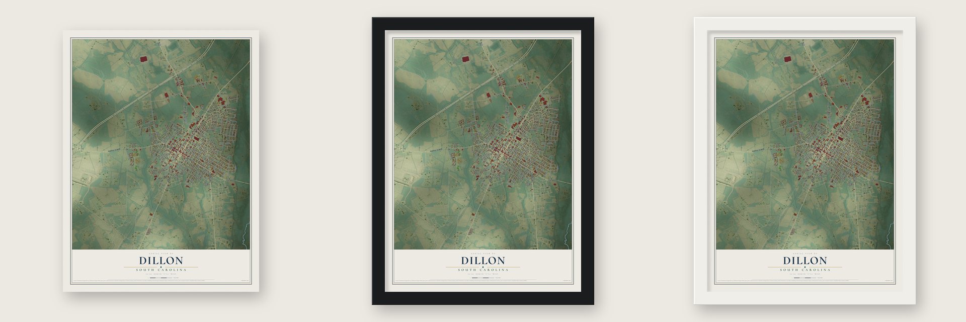 Dillon, South Carolina map unframed, in a black wood frame and in a white wood frame