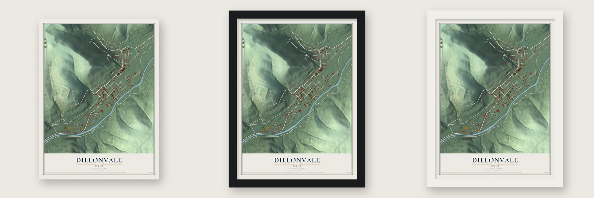 Dillonvale, Ohio map unframed, in a black wood frame and in a white wood frame