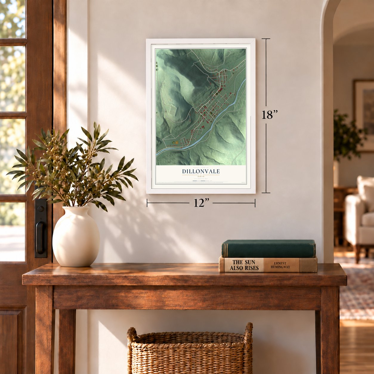 Dillonvale, Ohio map, 12 x 18 inch print in a white frame in an entryway