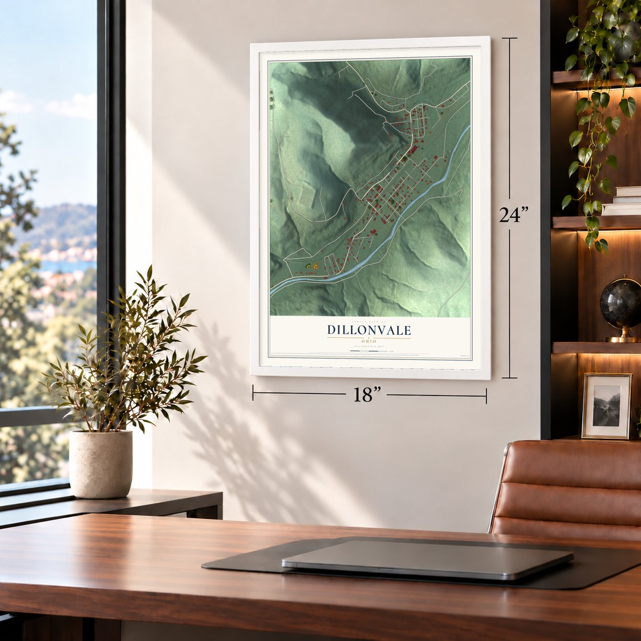 Dillonvale, Ohio map, 18 x 24 inch print in a white frame in a home office