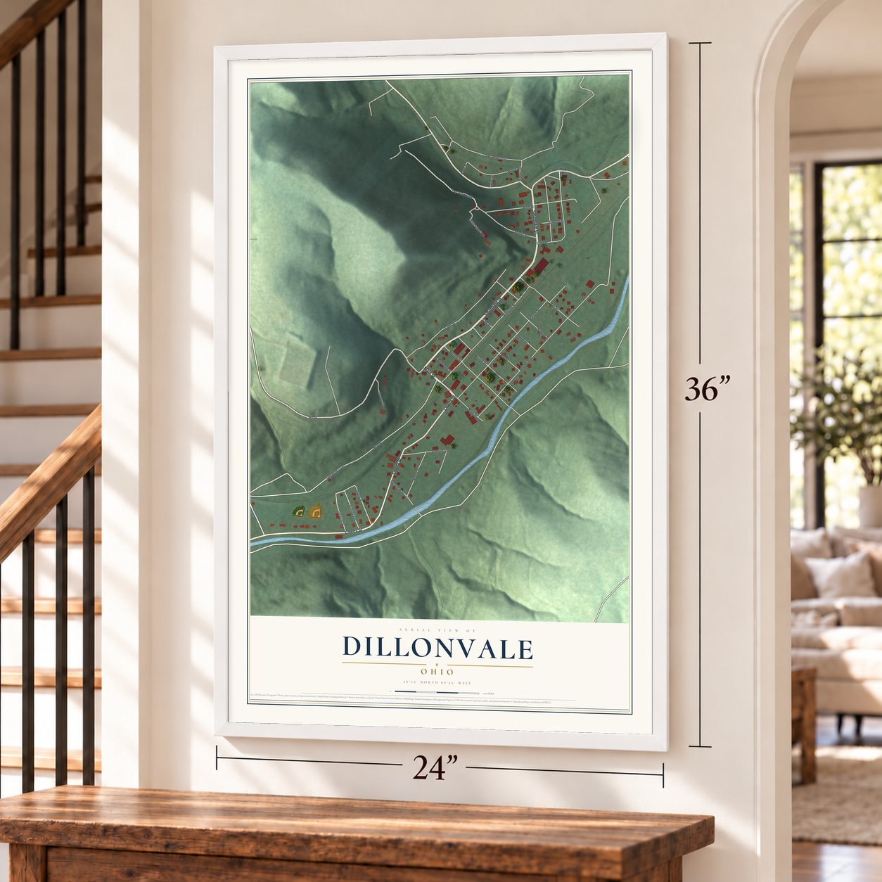 Dillonvale, Ohio map, 24 x 36 inch print in a white frame by a staircase
