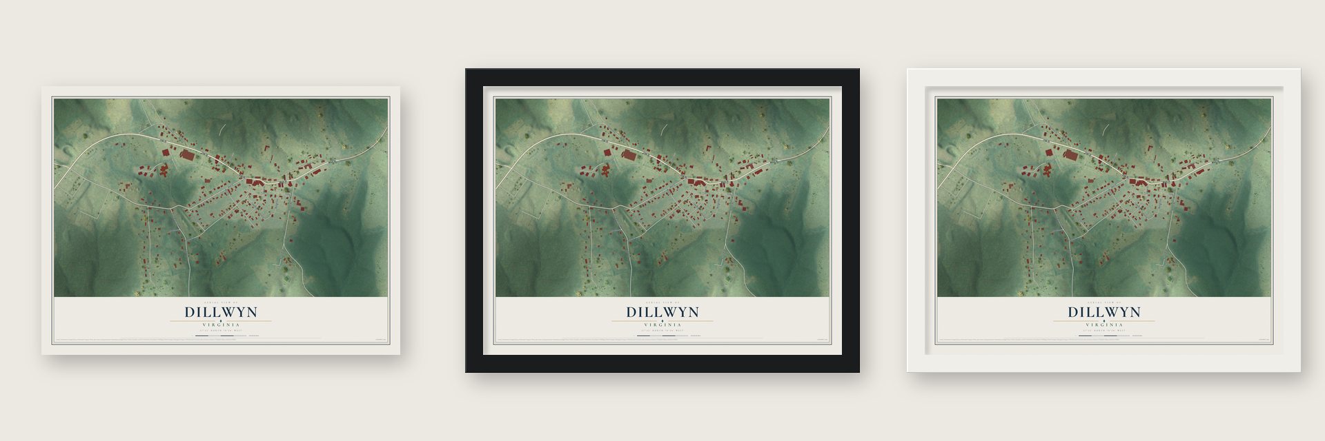 Dillwyn, Virginia map unframed, in a black wood frame and in a white wood frame