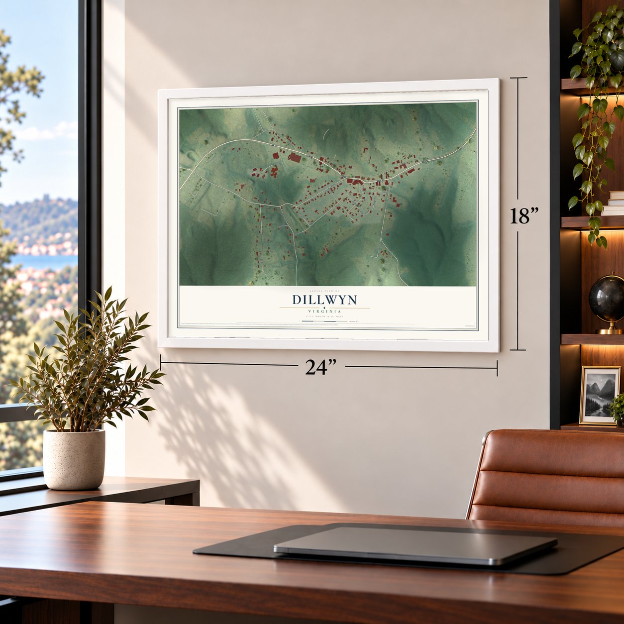 Dillwyn, Virginia map, 18 x 24 inch print in a white frame in a home office