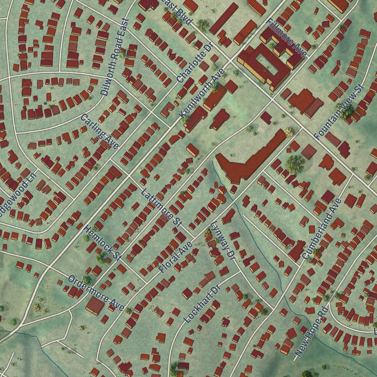 Second close-up of the map of Dilworth, North Carolina print showing more streets and buildings