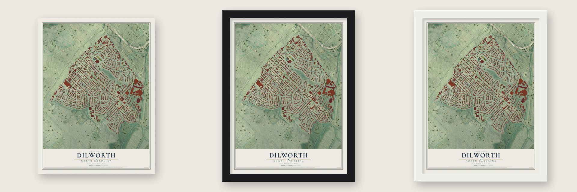 Dilworth, North Carolina map unframed, in a black wood frame and in a white wood frame