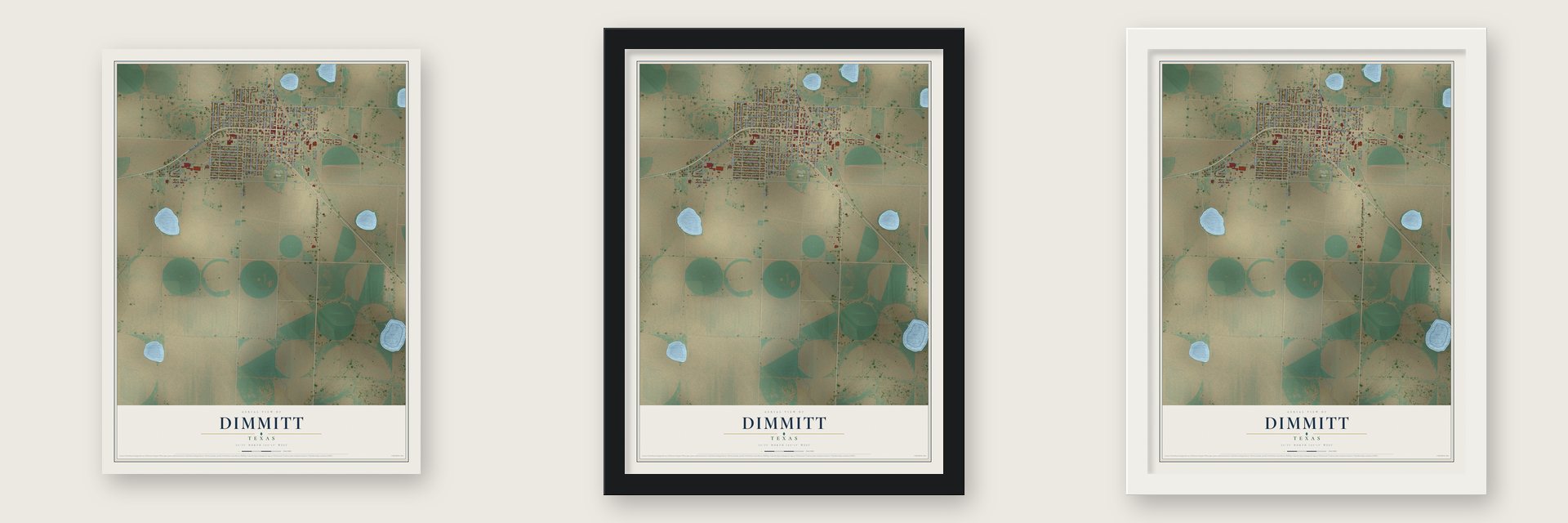 Dimmitt, Texas map unframed, in a black wood frame and in a white wood frame