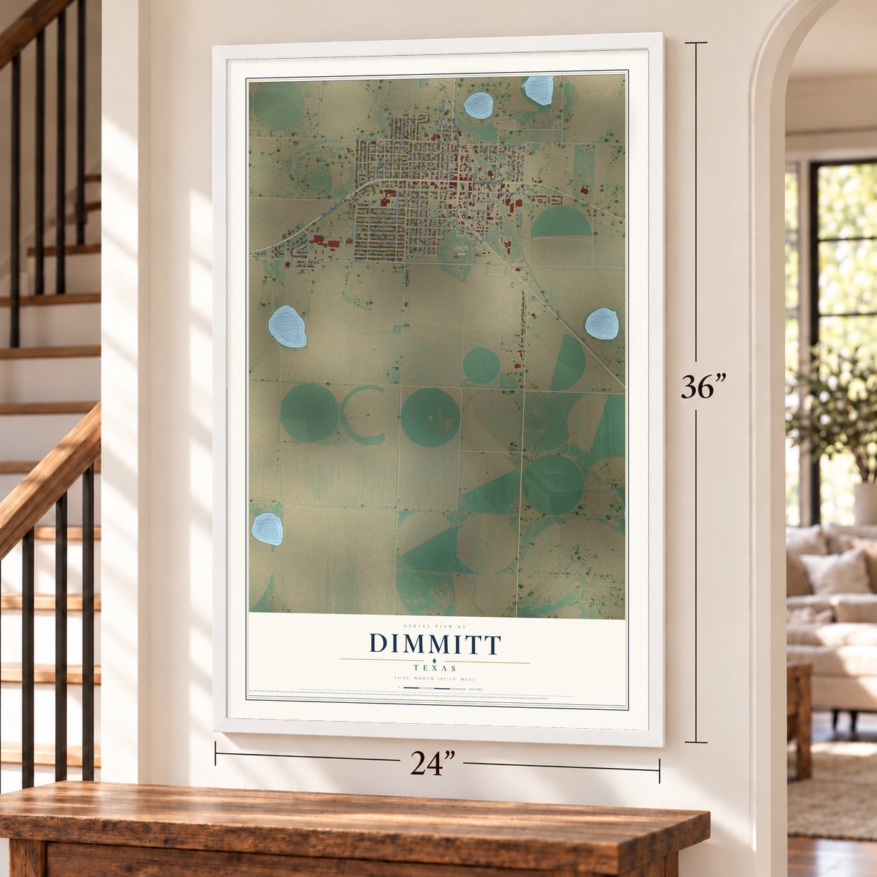 Dimmitt, Texas map, 24 x 36 inch print in a white frame by a staircase
