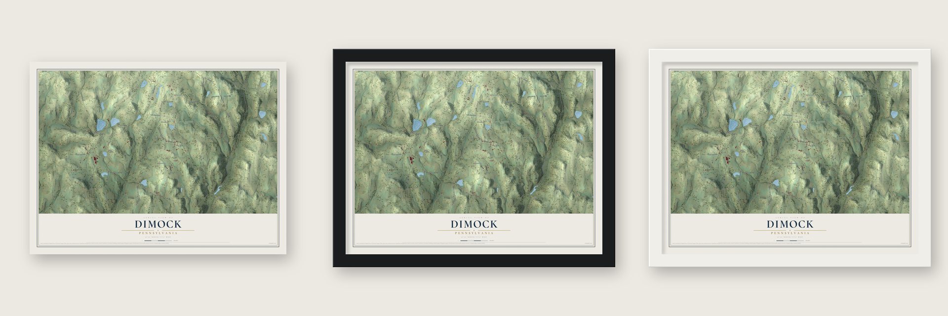 Dimock, Pennsylvania map unframed, in a black wood frame and in a white wood frame