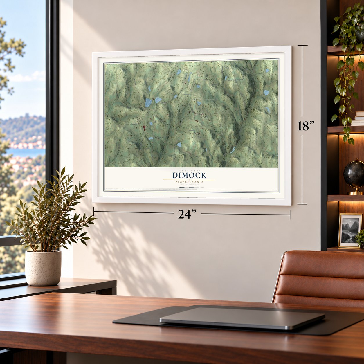 Dimock, Pennsylvania map, 18 x 24 inch print in a white frame in a home office