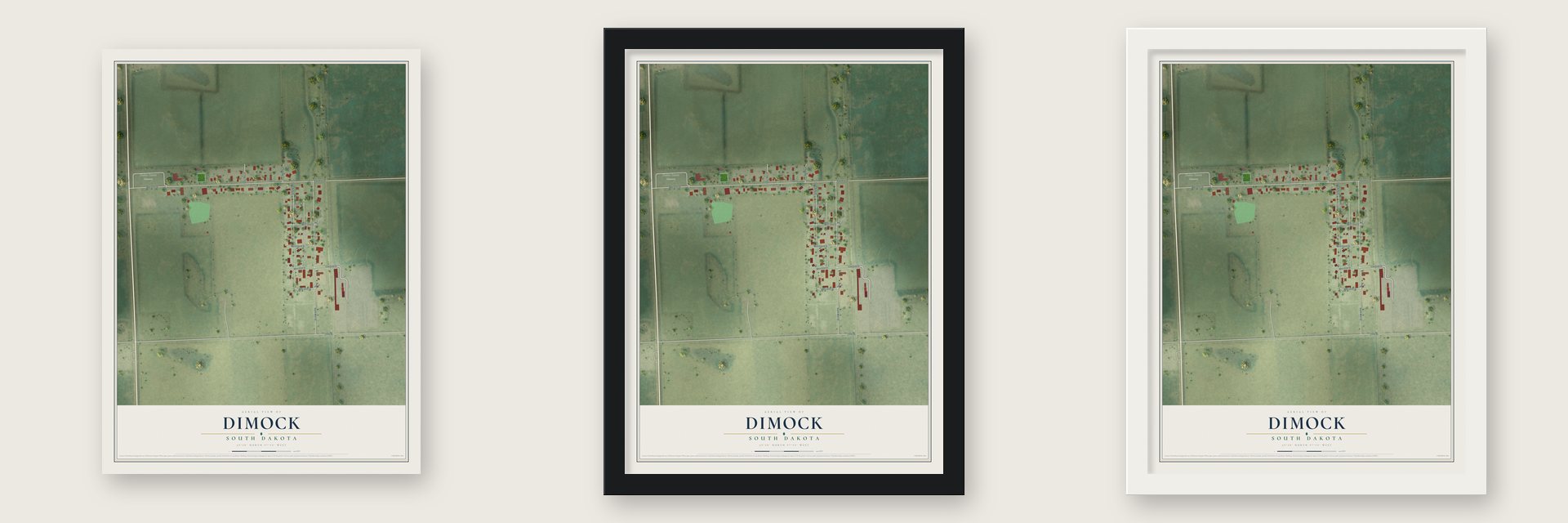 Dimock, South Dakota map unframed, in a black wood frame and in a white wood frame