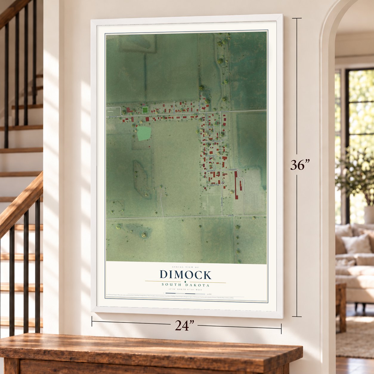 Dimock, South Dakota map, 24 x 36 inch print in a white frame by a staircase