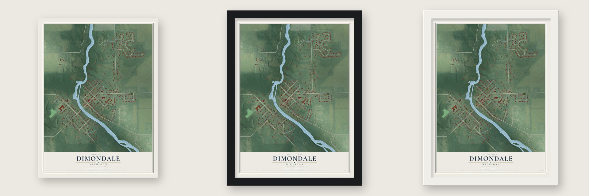 Dimondale, Michigan map unframed, in a black wood frame and in a white wood frame