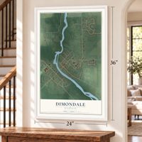 Dimondale, Michigan map, 24 x 36 inch print in a white frame by a staircase