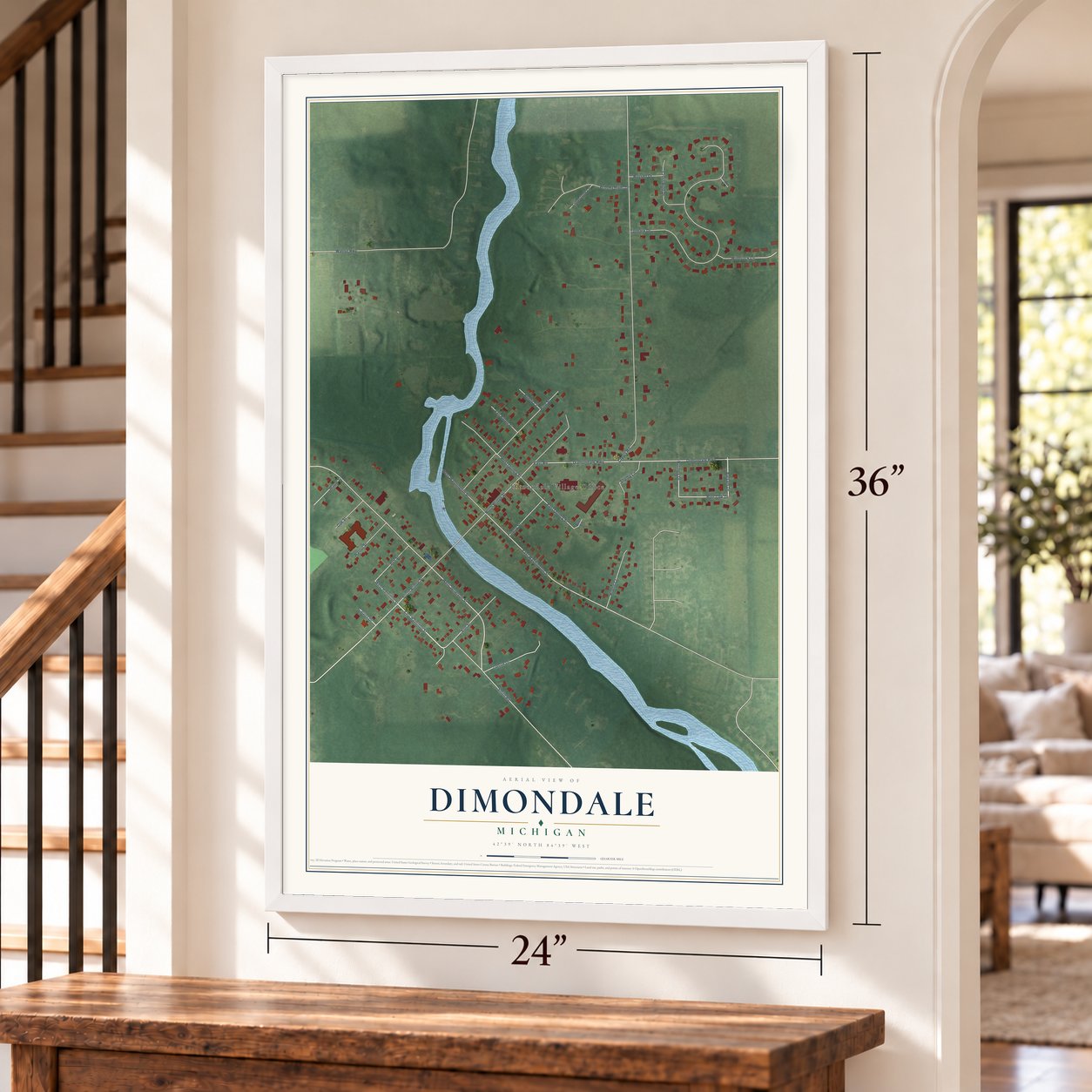 Dimondale, Michigan map, 24 x 36 inch print in a white frame by a staircase