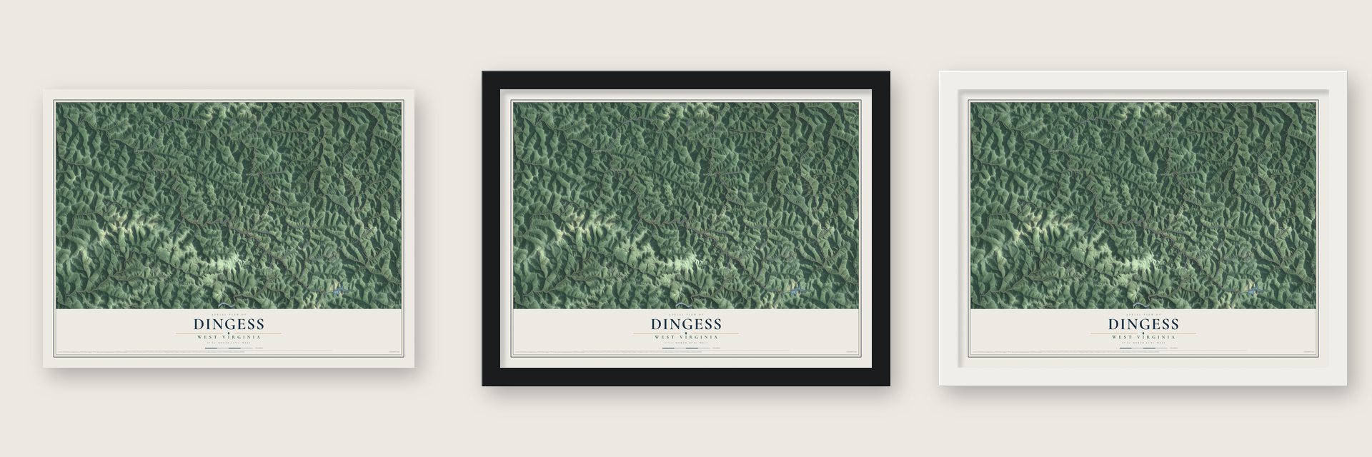 Dingess, West Virginia map unframed, in a black wood frame and in a white wood frame