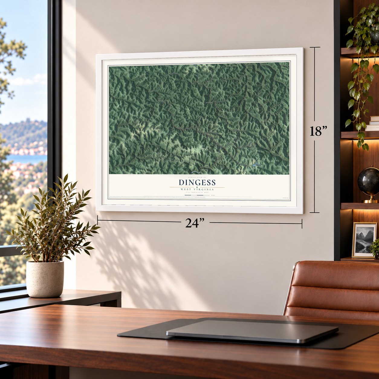 Dingess, West Virginia map, 18 x 24 inch print in a white frame in a home office